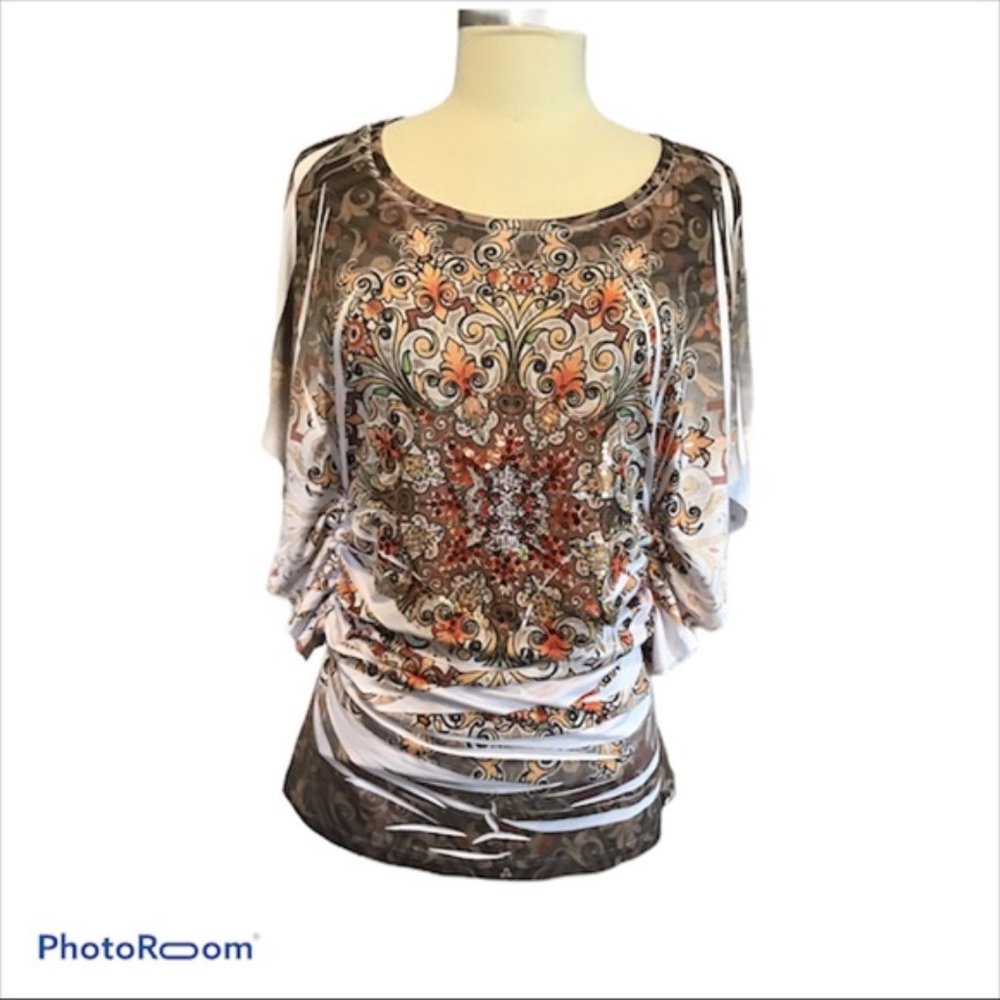 M. Fasis California Blue Sz M Ruched Sequined Top